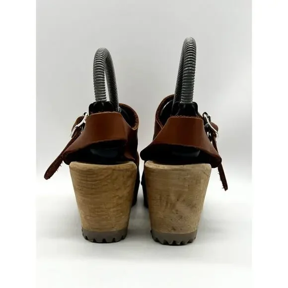Freja Clogs Women Size 6.5 Cinnamon Brown Leather Sweden Wood Rubber Base Mules - Picture 4 of 6